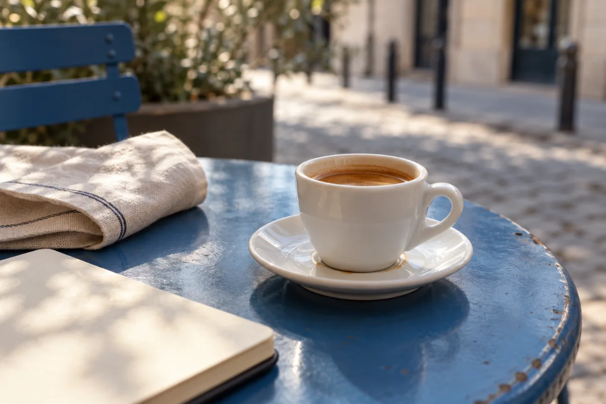 Tasse de café sur une table bleue, illustration d’ambiance de café